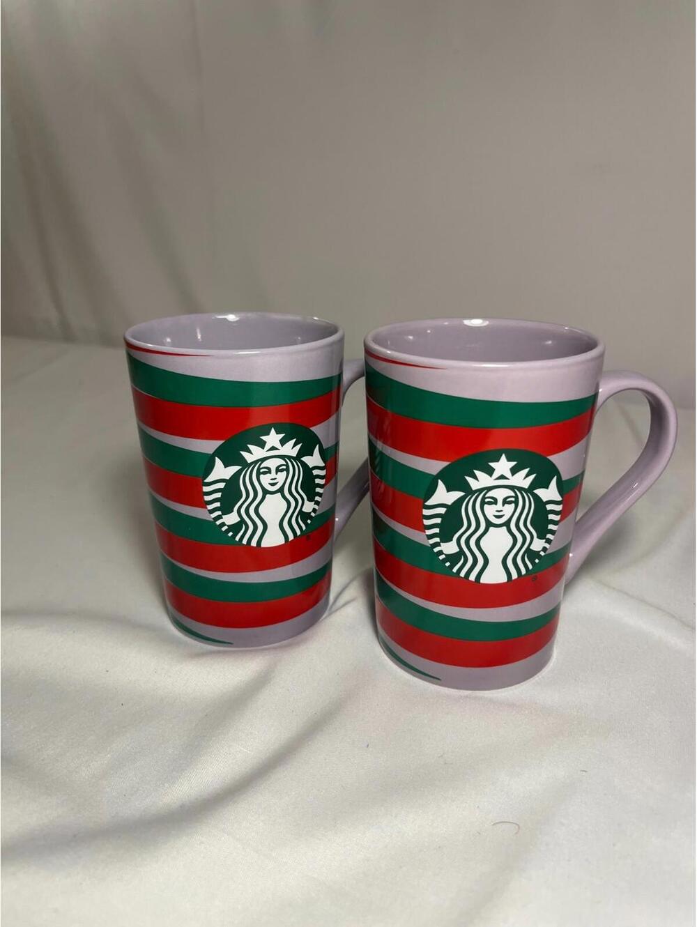 Starbucks Holiday Stripe Mugs Set of 2 – Red Green & Lavender Ceramic Coffee Cup
